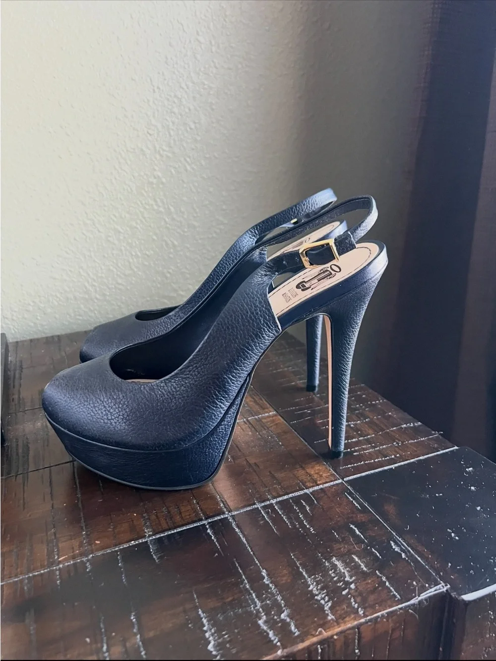 Navy Leather Platform Slingback Heels